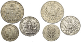 Deutschland - Lots.


Deutschland nach 1871. 
Kaiserreich. Hamburg.

Lot (3 Stück, Silber): 5 Mark 1903, 3 Mark, 1909 und 2 Mark 1876 J.

Schö...