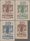 Austria: Zeilling, Ortsgemeinde, 20 und 50 Heller 1921, jeweils drei Varianten, K/K S1264 III f,g,h, I (1 x fehlende Ecke)
 [differenzbesteuert]