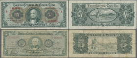 Costa Rica: Banco Central de Costa Rica, pair with 5 Colones 05.10.1960, Series B (P.227, F+/VF) and 5 Colones 03.10.1963, Series C (P.228, F-, larger...