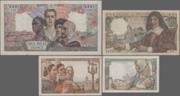 France: 5 Francs 22.7.1943 (XF), 10 Francs 26.11.1942 (XF), 20 Francs 7.10.1943 (UNC), 100 Francs 15.5.1942 (F), 5000 Francs 1.2.1946 (F, tape repaire...