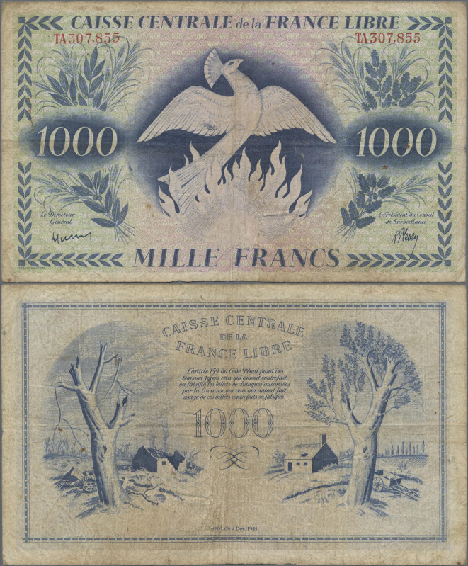 French Equatorial Africa: 1000 Francs 2.12.1941, P. 14a, multiple needle holes, ...