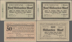 Deutschland - Notgeld - Westfalen: Sodingen, Amt, 2 x 5 Mrd. Mark, 1.10.1923, Ornament links mit und ohne Balken, Erh. II-III, 50, 100 Mrd. Mark, 27.1...