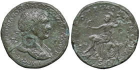 § Traiano (98-117) Sesterzio - Testa laureata a dx - R/ Roma seduta a sx - RIC 489 AE (g 23,21) Campi ritoccati, screpolature al bordo.

Status: BB...