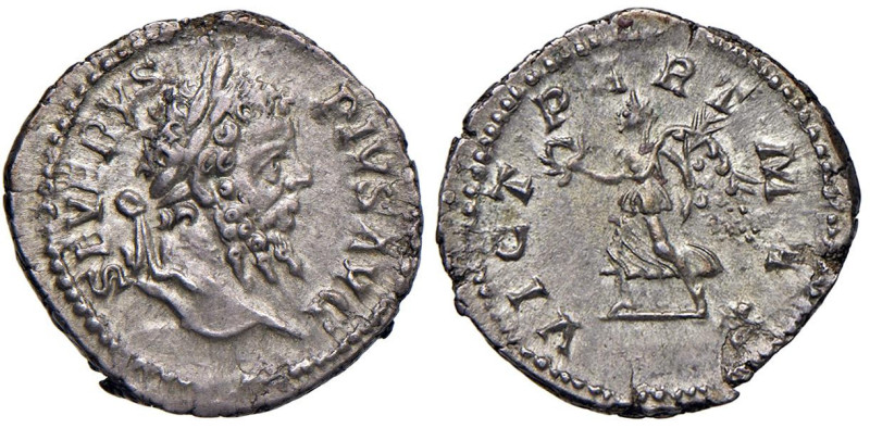§ Settimio Severo (193-211) Denario - Testa laureata a dx - R/ La Vittoria andan...