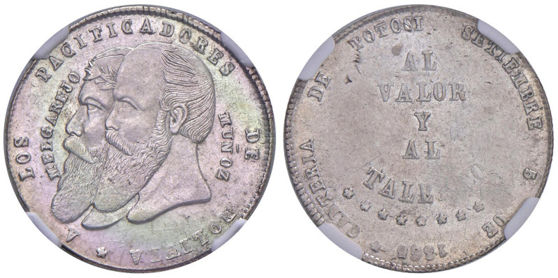 BOLIVIA 1/4 Melgarejo 1865 - KM Pn5 AG In slab NGC MS61 n° 2139584-002.

Statu...