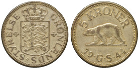 DANIMARCA Christian X (1912-1947) 5 Kroner 1944 - KM9 (g 13,49) Coniazione per la Groenlandia

Status: BB

Notes: