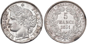 FRANCIA Seconda repubblica (1848-1852) 5 Franchi 1851 A Parigi - KM 761.1, AG (g 25,00) Segnetti nei campi.

Status: SPL+ 

Notes: