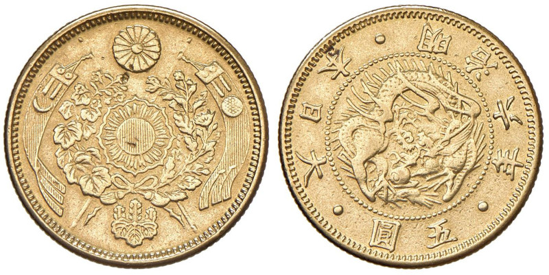 GIAPPONE Meiji (1867-1912) 5 Yen An. 6 (1873) - Y 11a AU (g 8,21) Da montatura....