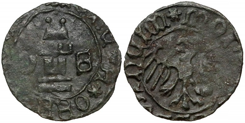 Ks. Oświęcimskie, Wacław I i Jan V (1433-1457) Halerz Oświęcim
 Awers: Wieża z ...