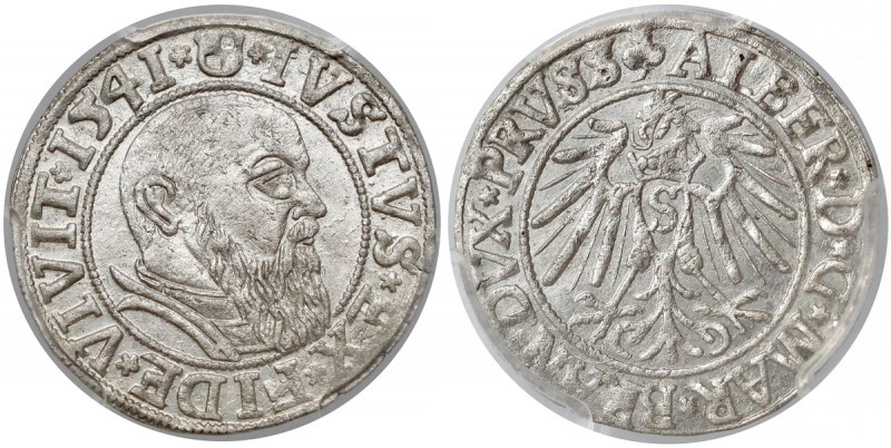 Prusy, Albrecht Hohenzollern, Grosz Królewiec 1541 - PCGS MS62
 Nowy typ portre...