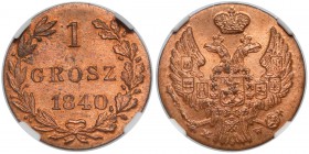 1 grosz 1840 MW, Warszawa - przebitka z 1837 - PIĘKNY - NGC MS64 RD Pl. -