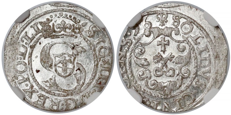 Zygmunt III Waza, Szeląg Ryga 1596 - RIGENS• - NGC MS63
 Odmiana z legendą rewe...