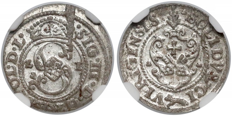 Zygmunt III Waza, Szeląg Ryga 1621 - listki do góry - NGC MS62
 Odmiana legendo...
