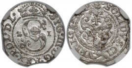 Zygmunt III Waza, Szeląg Ryga 1621 - listki w dół - NGC UNC
