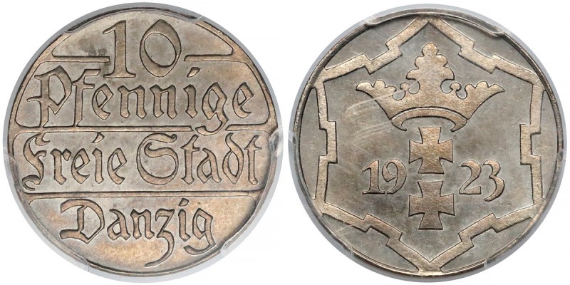 Wolne Miasto Gdańsk, LUSTRZANE 10 fenigów 1923 - PCGS PR63
 Bardzo ładny egzemp...