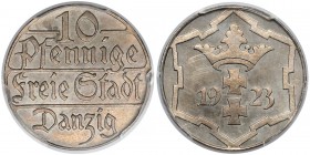 Wolne Miasto Gdańsk, LUSTRZANE 10 fenigów 1923 - PCGS PR63