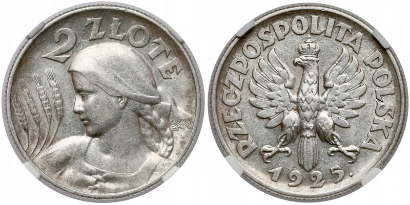 Kobieta i kłosy 2 złote 1925 (z kropką) Londyn - NGC AU53
 Odmiana z kropką pod...