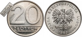 Próba MIEDZIONIKIEL 20 złotych 1989 - mały napis równolegle - b. rzadka