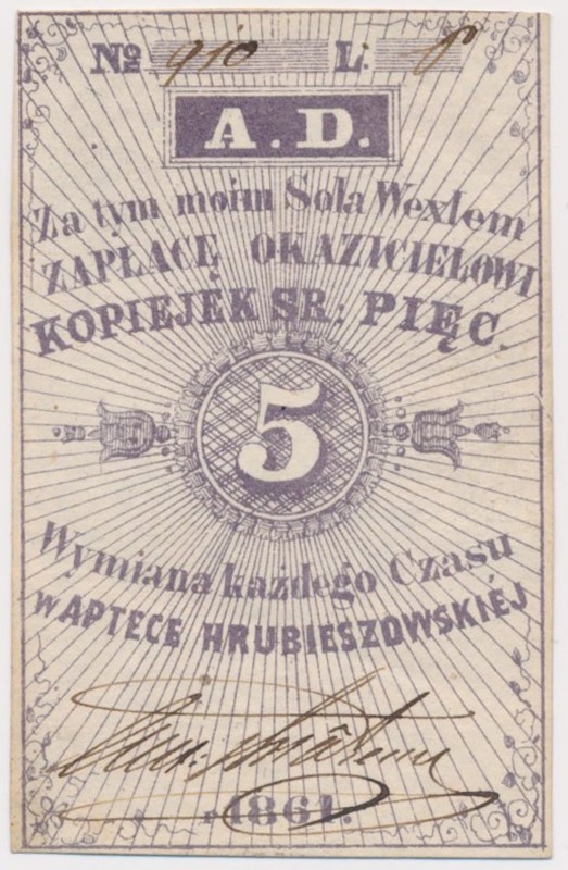 Hrubieszów, APTEKA, 5 kopiejek 1861 z podpisem wystawcy - rzadkie
 Bony Apteki ...