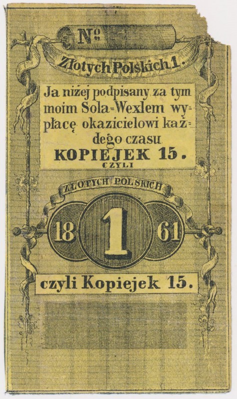 Radom / Warszawa, Sola weksel na 1 złoty = 15 kopiejek 1861
 Rzadka emisja opra...