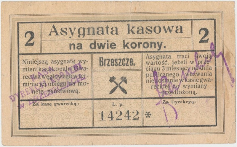Brzeszcze, Kopalnia Gwarectwa węglowego, 2 korony (1919)
 

Grade: F+ 
Liter...