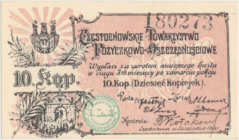 Częstochowa, Tow. Poż.-Oszczędnościowe, 10 kopiejek 1914
 

Grade: UNC 
Lite...