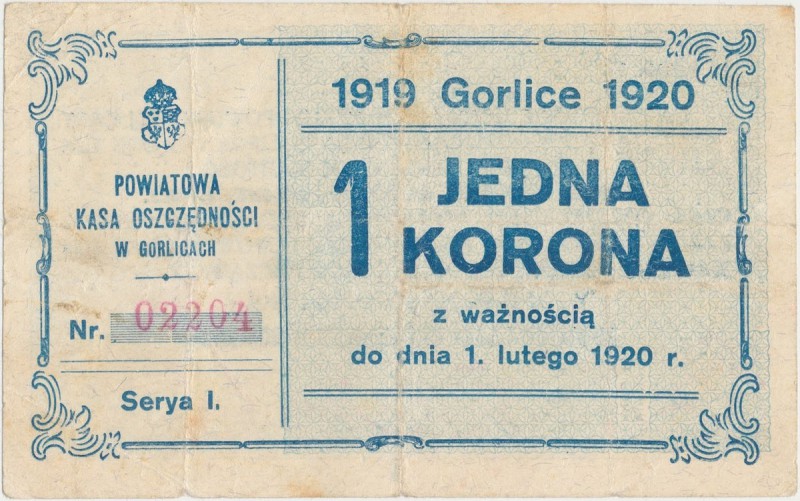 Gorlice, Powiatowa Kasa Oszczędności, 1 korona 1920
 

Grade: F+ 
Literature...