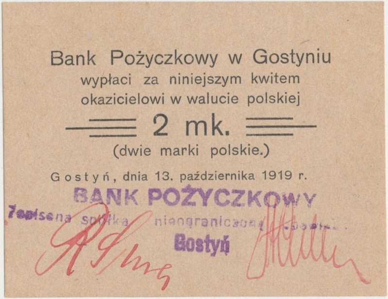 Gostyń, Bank Pożyczkowy 2 marki 1919
 

Grade: UNC 
Literature: Podczaski P-...