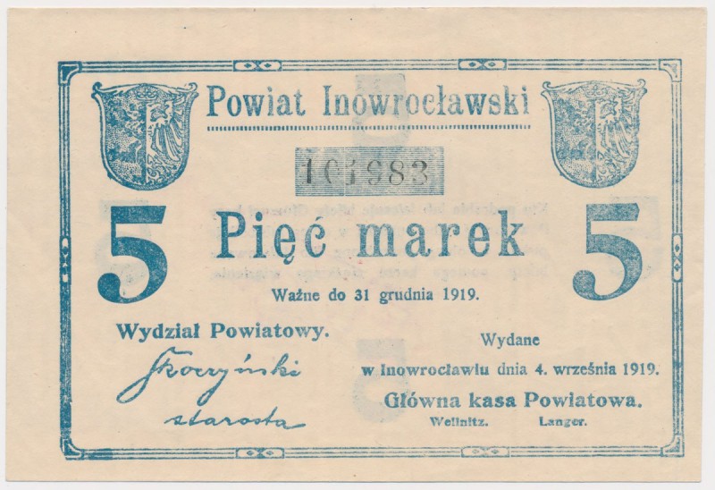 Inowrocław, 5 marek 1919 - stempel EINGELÖST na rewersie
 

Grade: UNC- 
Lit...