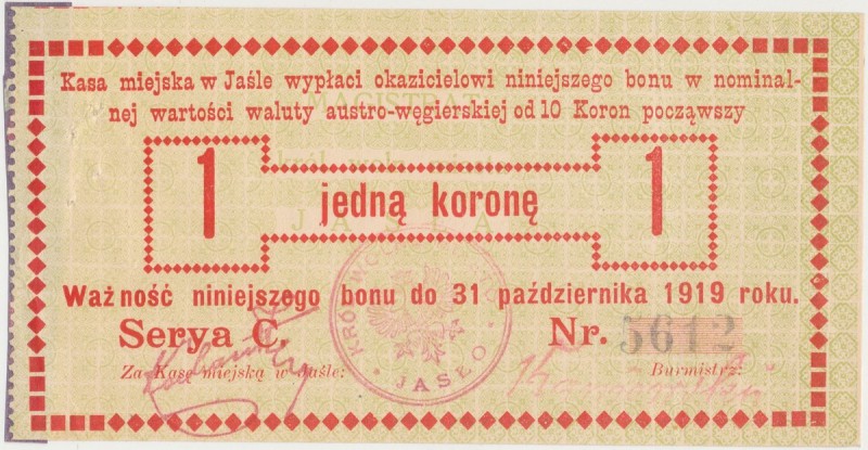 Jasło, Kasa Miejska, 1 korona 1919
 Stara podlepka na lewym marginesie, a przy ...