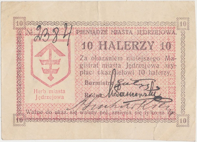 Jędrzejów, 10 halerzy (1919)
 Rzadki bon w ładnym stanie zachowania.&nbsp; Wyśm...