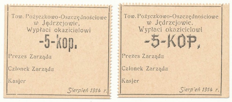 Jędrzejów, T-wo Poż.-Oszczędnościowe 5 kopiejek 1914 - dwie odmiany (2)
 Widocz...
