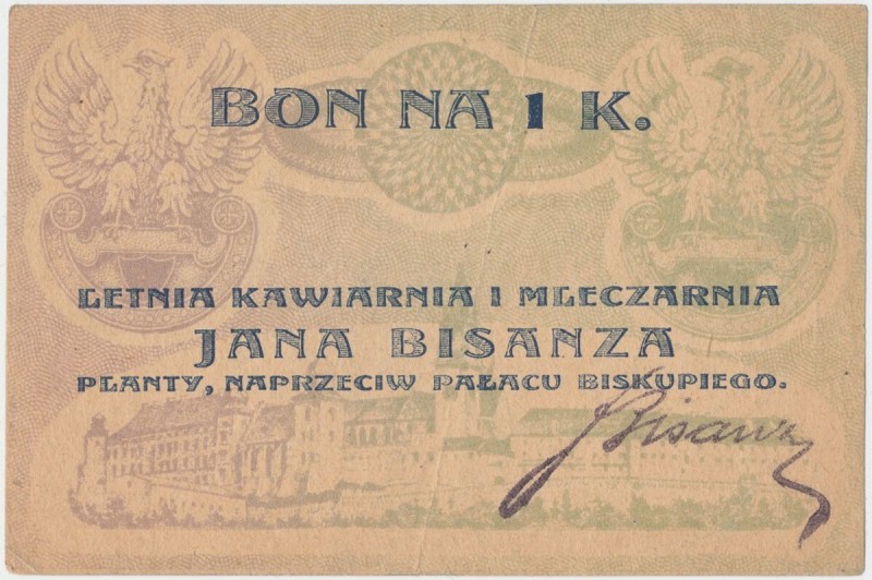 Kraków, J. BISANZ Letnia Kawiarnia i Mleczarnia, 1 korona (1919)
 

Grade: VF...