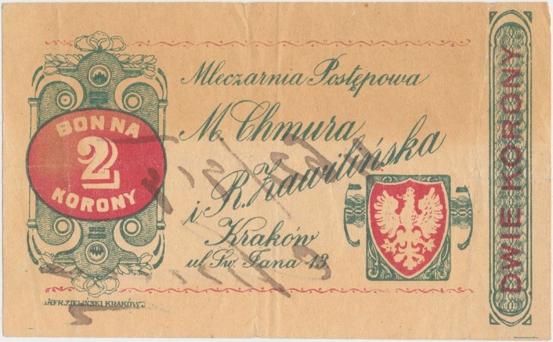 Kraków, M. CHMURA i R.ZAWILIŃSKA Mleczarnia Postępowa, 2 korony (1919)
 Miejsco...