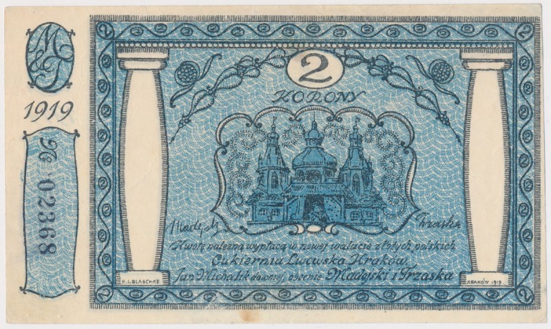 Kraków, Cukiernia Lwowska, 2 korony 1919
 

Grade: XF/XF- 
Literature: Podcz...
