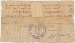 Krynica-Zdrój, 1 korona 1919 - stempel ZWIERZCHNOŚĆ GMINNA...