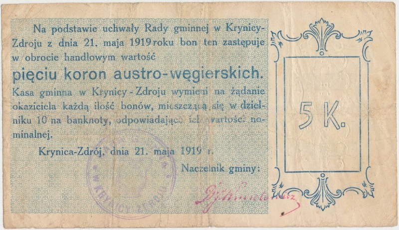 Krynica-Zdrój, 5 koron 1919
 Najwyższy nominał emisji. Obiegowy, sporo złamań, ...