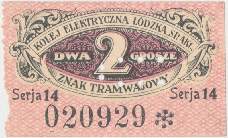 Łódź, Kolej Elektryczna, 2 grosze - Serja 14, perforacja U
 

Grade: UNC- 
L...
