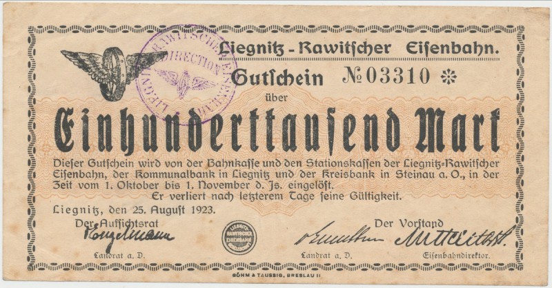 Liegnitz-Rawitscher Eisenbahn (Kolej Legnicko-Rawicka), 100.000 mk 1923
 Bon ol...