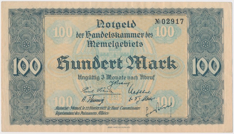 Memel (Kłajpeda), 100 mk 1922
 Złamany narożnik. Pofalowane marginesy.&nbsp; 
...