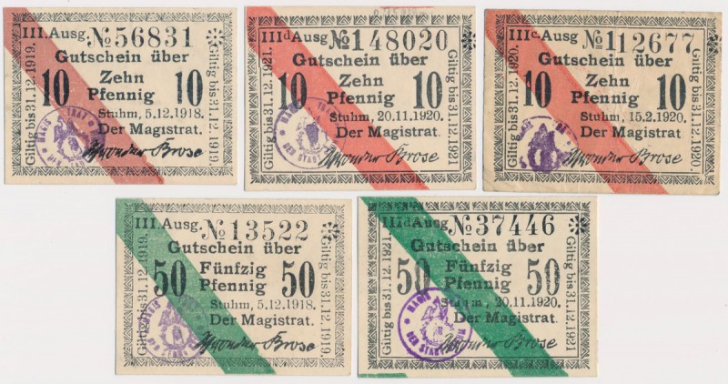Stuhm (Sztum), 3x 10 i 2x 50 pfg 1918-1920 (5szt)
 10 pfennig 1920 w st.3, pozo...