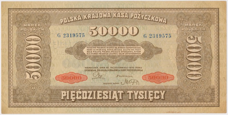 50.000 mkp 1922 - G
 Bez ugięć w polu. Na narożnikach odciśnięte ślady holderów...