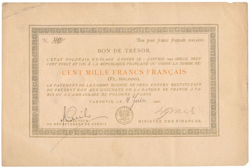 UNIKALNY Bon skarbowy 100.000 franków 1920 - na koszty druku banknotów złotowych...