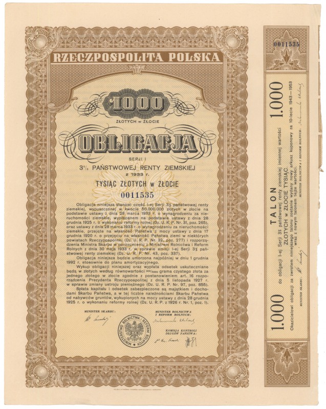 3% Państwowa Renta Ziemska 1933, Obligacja na 1.000 zł
 Wymiary: 24 x 30 cm.
 ...