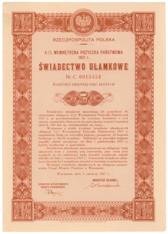 4.5% Pożyczka Wewnętrzna 1937, Świadectwo ułamkowe 5 zł, Seria C
 Wymiary: 14.5...