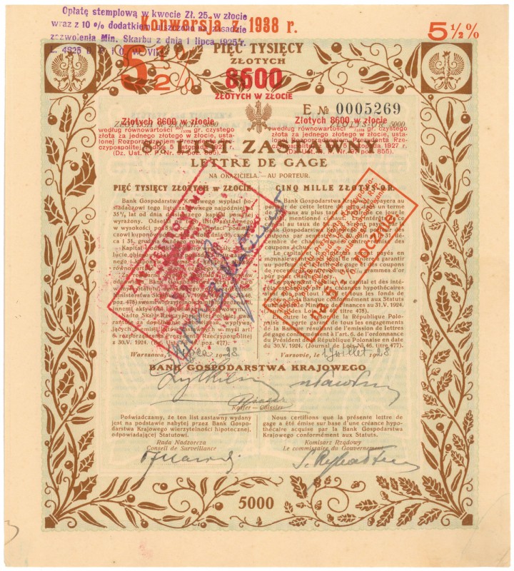 Bank Gospodarstwa Krajowego, List zastawny 5.000 zł 1928
 Wymiary: 19.5 x 22 cm...