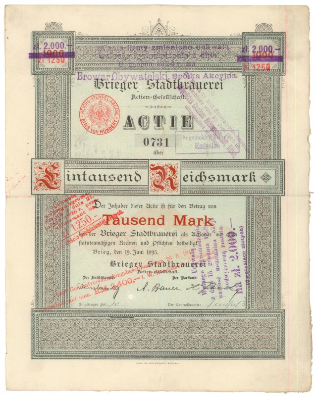 Browar Obywatelski w Brzegu, 1.250 zł 1925 PRZEDRUK na 1.000 mk 1895
 Egzemplar...