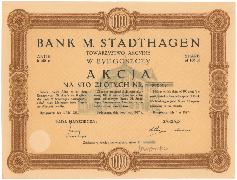Bank M. Stadthagen w Bydgoszczy, 100 zł 1927
 Egzemplarz prezentowany w IBAP. W...