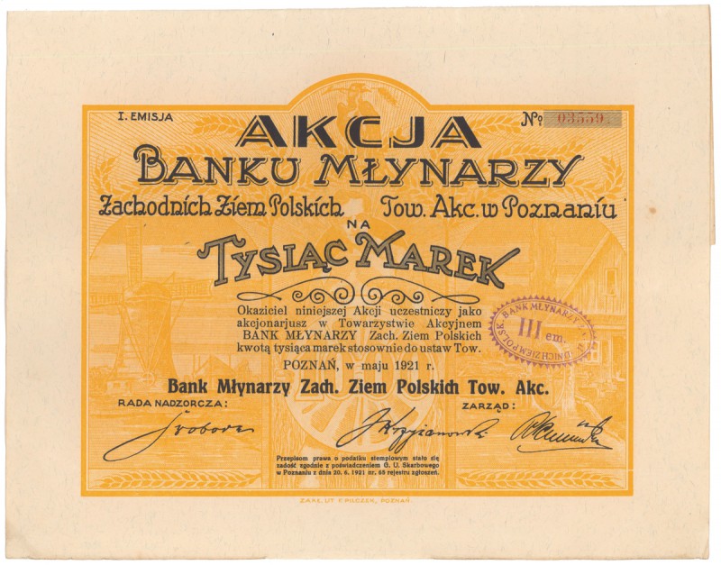 Bank Młynarzy Zachodnich Ziem Polskich, Em.1, 1.000 mkp 1921
 Wymiary: 30 x 23....