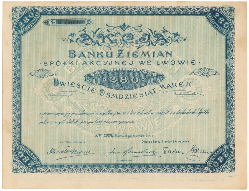 Bank Ziemian Spółka Akcyjna we Lwowie, 280 mkp 1920
 Wymiary: 32 x 24 cm.
 
L...
